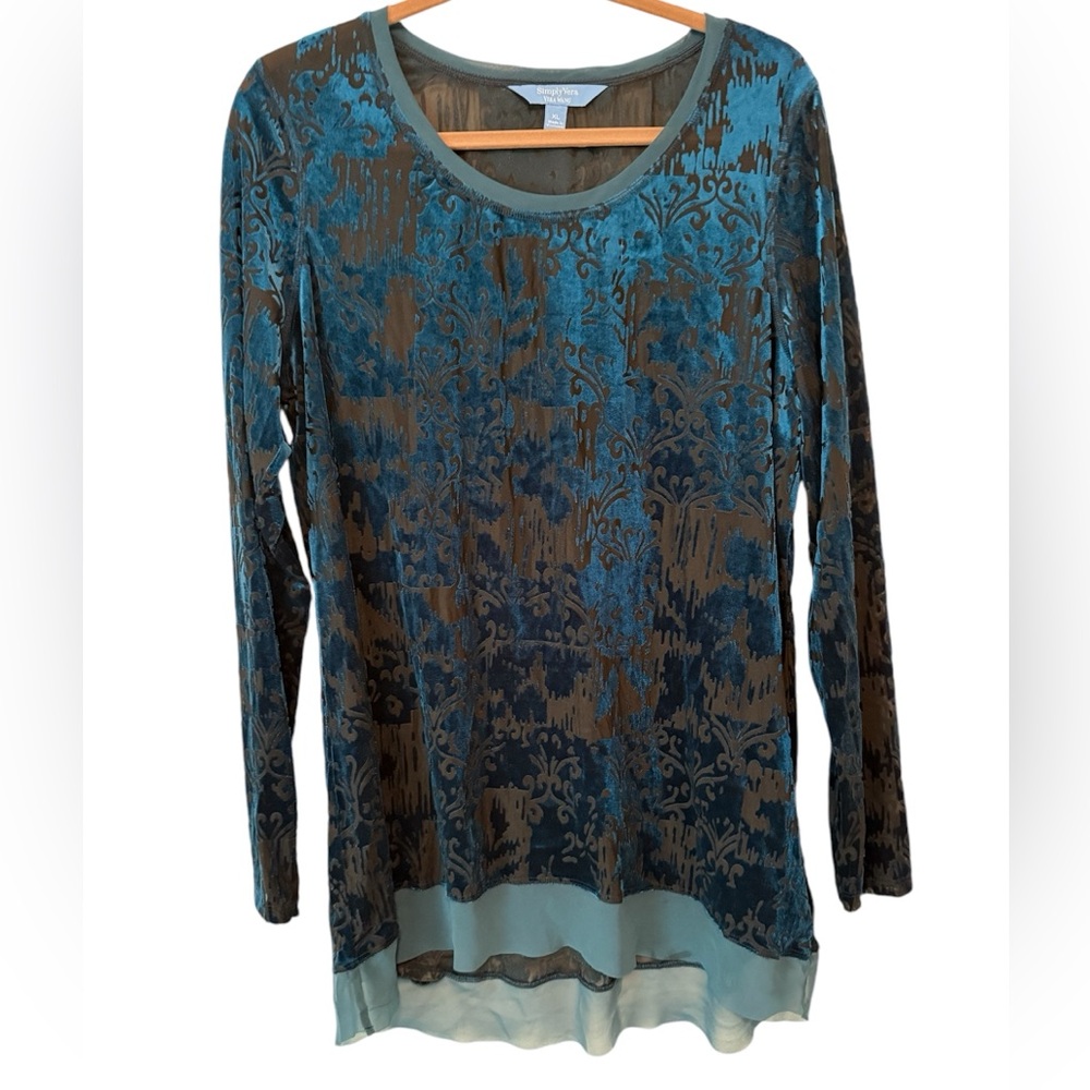 Simply Vera Wang XL Teal Velvet Burnout Semi Sheer Long Sleeve Blouse Witchy